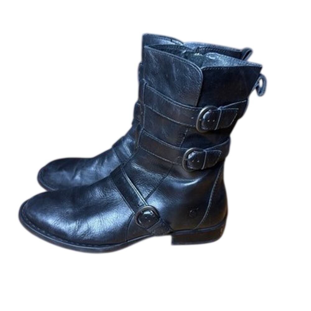 Børn Women’s Black Leather Mid-Calf Biker Boots Buckle Side Zip US size 9